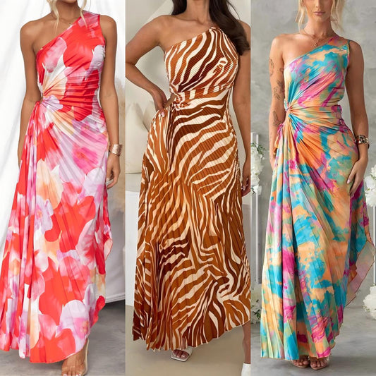 SVCD000064 Single-shoulder sleeveless dress with a sense of design, lace-up and embossed printing