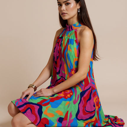 SVCD000101Summer fashion temperament printed sleeveless, off-the-shoulder stand collar fashion pleated dress