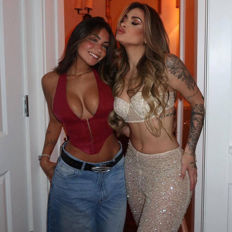 SVCST000044 Hot and sexy PU leather halter top with button fasteners