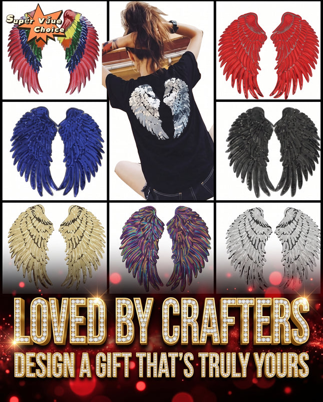 SUPERVALUECHOICE HCSEYC00027 Pair of Angel Wing Sequin Embroidered Clothing Patches H 5.12" × W 10.24" (Single Wing)