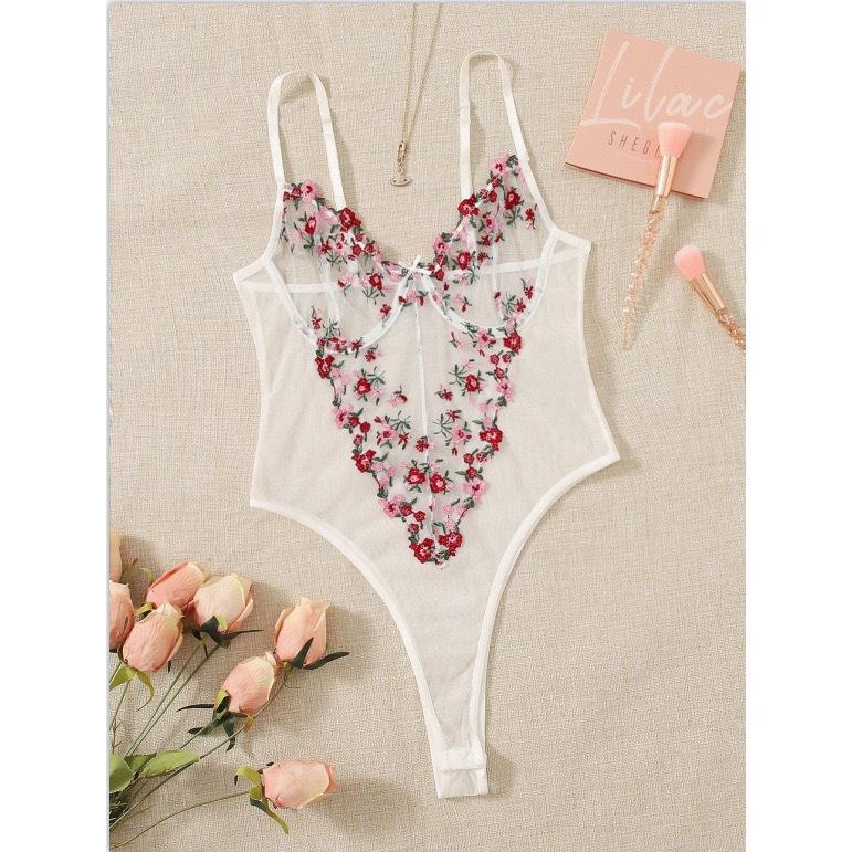 SVCSH000102  Lace embroidered sexy underwear see-through one-piece pajama