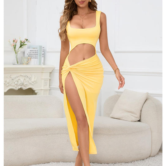 SVCD000061 Halter solid color cut-out crop top sexy dress is fashionable and sexy