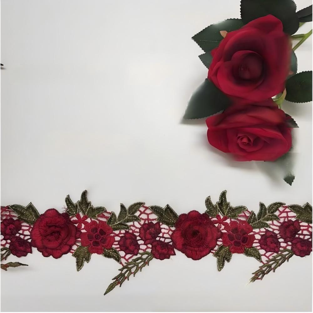 SuperValueChoice HCSEOA00012 Vintage Wine Red 3D Rose Flower Guipure Lace Trim Green Leaf Embroidery Ribbon Sew On Lace Applique for Jeans Wedding Gown Qipao Craft Supply