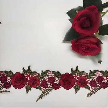 SuperValueChoice HCSEOA00012 Vintage Wine Red 3D Rose Flower Guipure Lace Trim Green Leaf Embroidery Ribbon Sew On Lace Applique for Jeans Wedding Gown Qipao Craft Supply