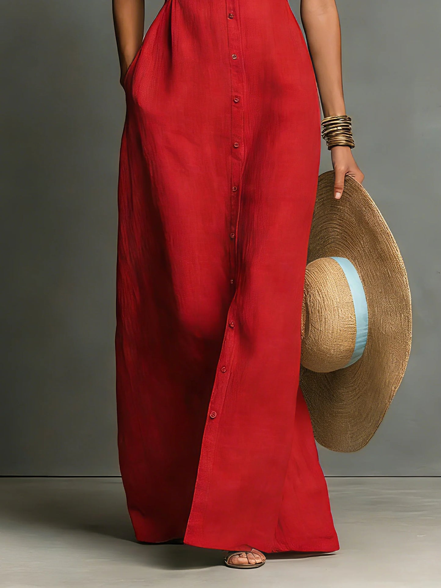 SUPERVALUECHOICE HCSEAA00036 Women's Minimalist  Collared Single-Breasted Sleeveless Maxi Shirt Dress