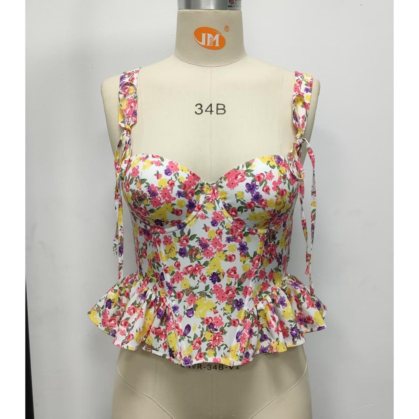 SVCST000017 Adjustable floral lace-up, fishbone corset, cinched waist, ruffled strappy vest