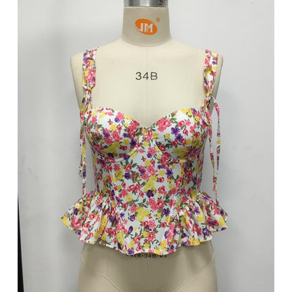 SVCST000017 Adjustable floral lace-up, fishbone corset, cinched waist, ruffled strappy vest