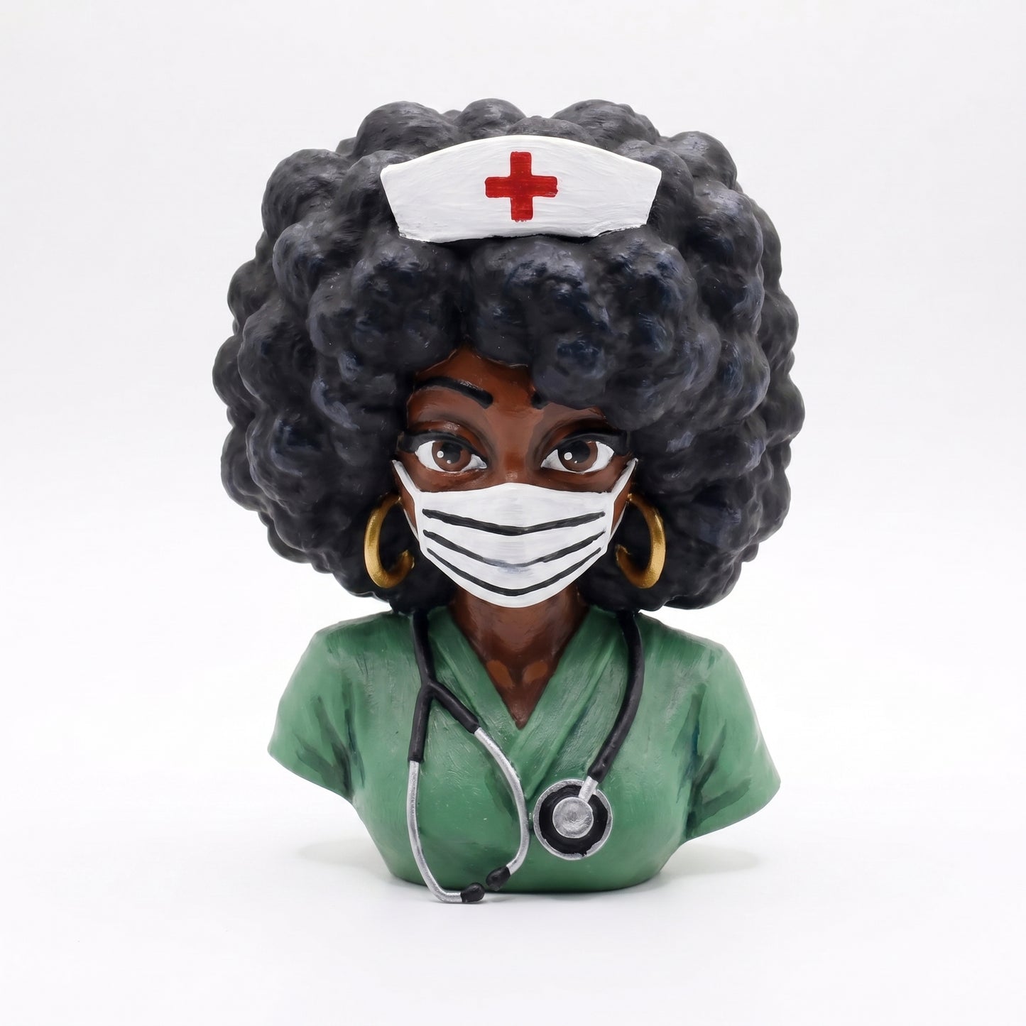 SUPERVALUECHOICE HCSEUA00076  Z- Unpainted Green Scrubs Stethoscope African Nurse Resin Mold Base for Handmade DIY Jewelry Craft Supplies 2" × 2.7" × 0.5"