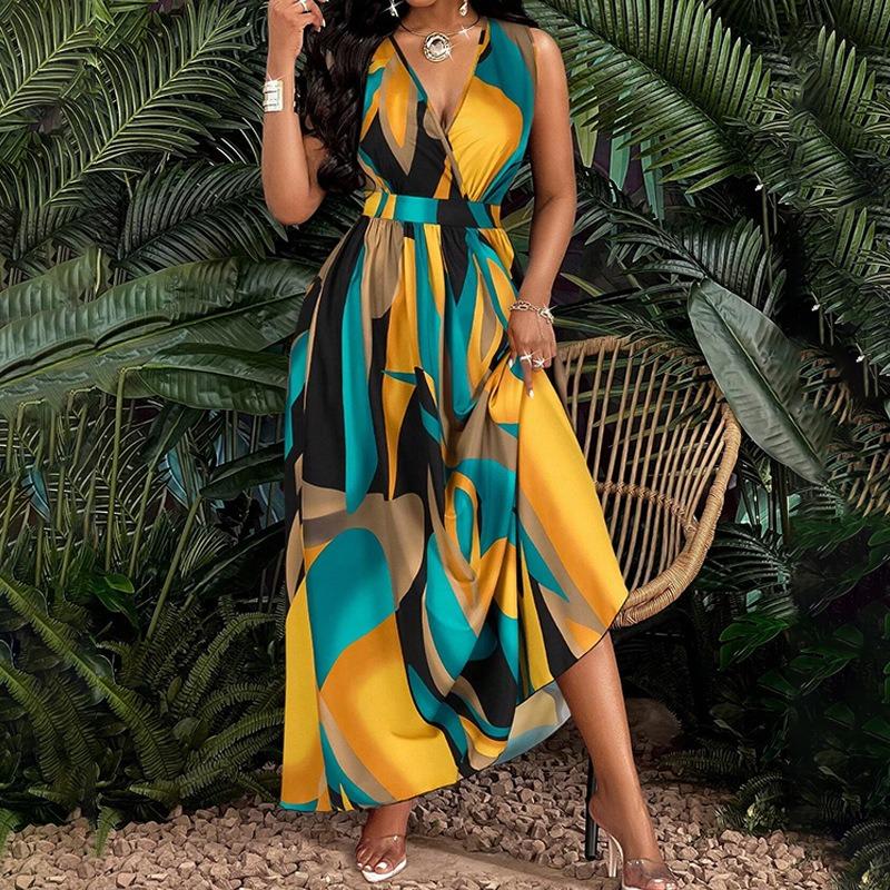 SVCD000083 Elegant, fashionable and sexy printed sleeveless V-neck dress for women