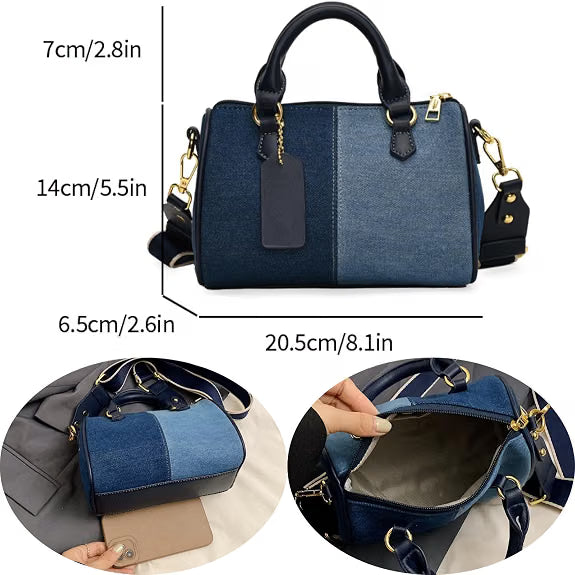 SuperValueChoice HCSEFA00049 Barrel-shaped Denim Handbag and Purse Women Small Tote Shoulder Crossbody Bag with Guitar Adjustable Shoulder Strap