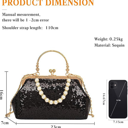 SuperValueChoice HCSEFA00051 Vintage Evening Clutch Bag Sparkly Sequin Handbag for Women Bridal Wedding Purse Elegant Beaded Pearl Shoulder Bag Glitter Crossbody Bag for Cocktail Banquet Prom Party