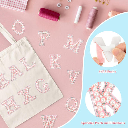 SUPERVALUECHOICE HCSEYH00005 26Pcs Pearl Rhinestone Letter Patches Self Adhesive A-Z, Stick on Pearl Letter Patches for Clothes, Fabric, Backpack (Pink)