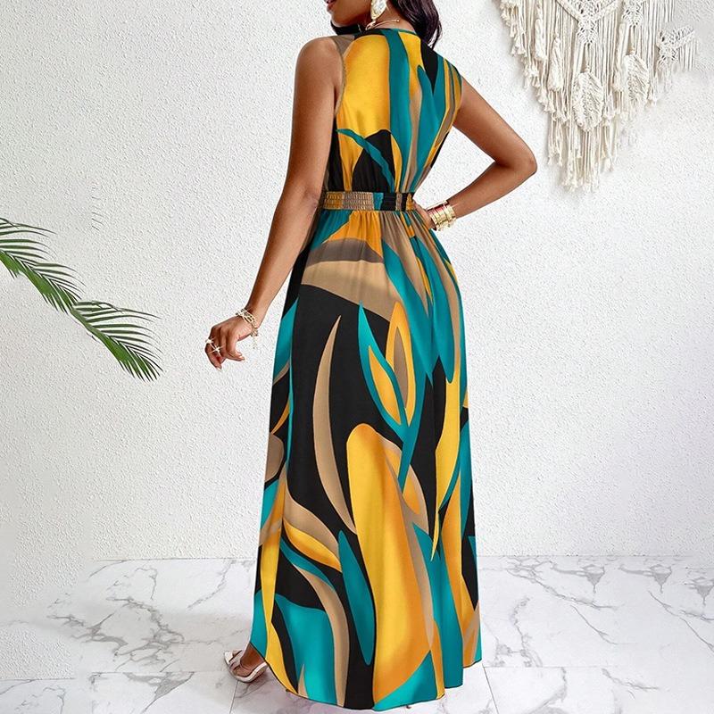 SVCD000083 Elegant, fashionable and sexy printed sleeveless V-neck dress for women