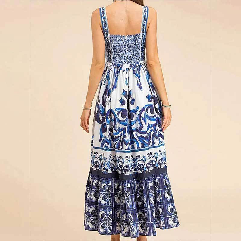 SVCD000007 Printed square collar halter dress with pleated, slimming and large swing in European and American style