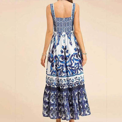 SVCD000007 Printed square collar halter dress with pleated, slimming and large swing in European and American style