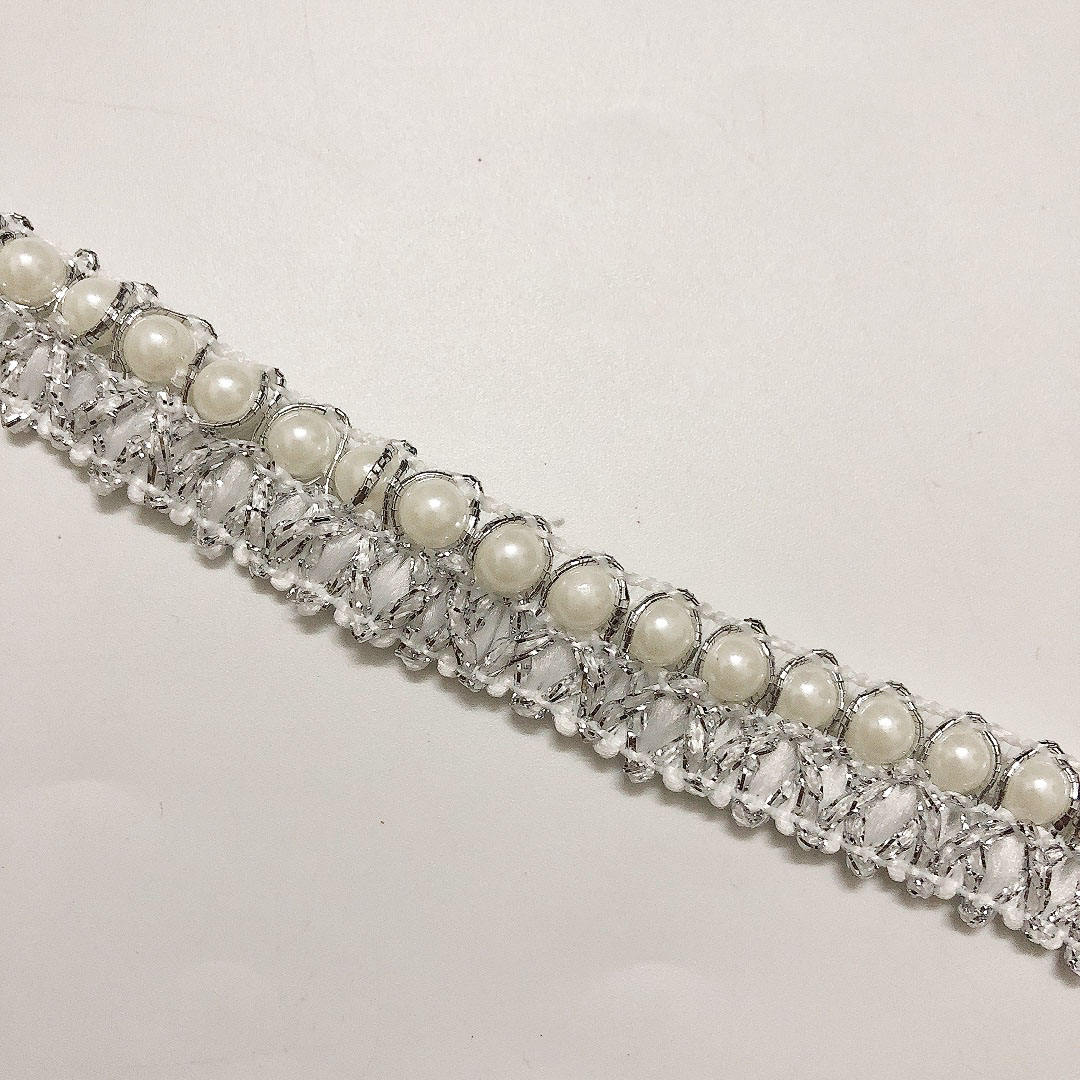 SuperValueChoice HCSEOA00002 Silver Beaded Wavy Fringe Lace Trim Ribbon Sparkly Rhinestone Edge Tape for Dress Sewing DIY Clothing Craft Decor ,0.47in Width