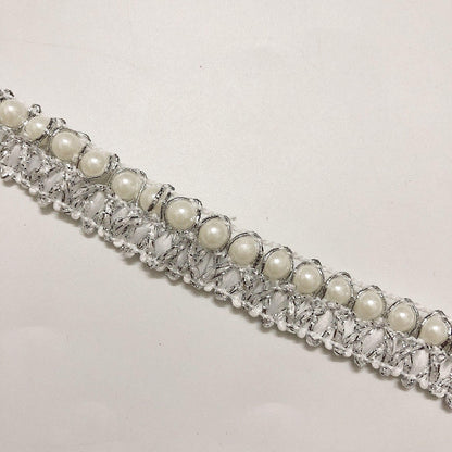 SuperValueChoice HCSEOA00002 Silver Beaded Wavy Fringe Lace Trim Ribbon Sparkly Rhinestone Edge Tape for Dress Sewing DIY Clothing Craft Decor ,0.47in Width