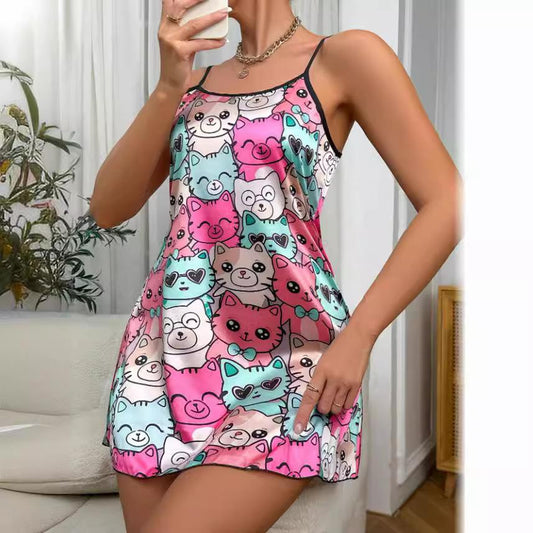 SVCP000092 Backless halter dress, silk-like nightgown, summer printed pajama short skirt, women's home wear