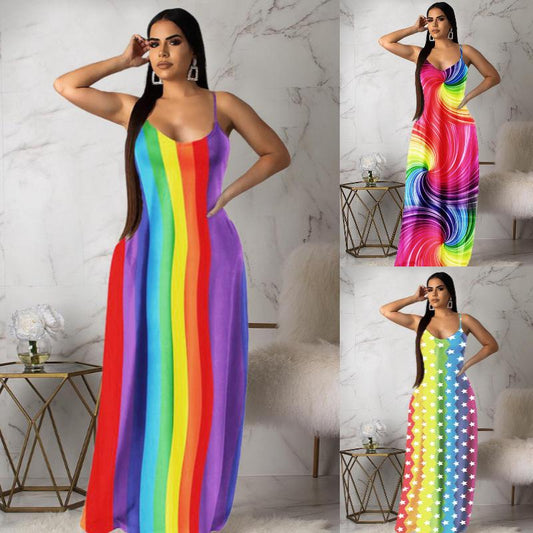 SVCD000036 Casual and fashionable rainbow striped multi-color dress