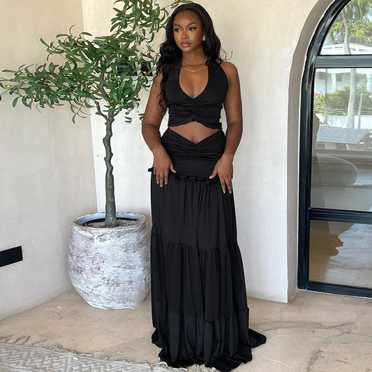 SVCD000073 Two-piece set of a halter vest with pleated skirts