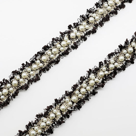 SuperValueChoice HCSEOA00003 Pearl Embellished Fringed Tweed Lace Trim Multicolor Gold Thread Woven Ribbon for Clothing Dress Sewing DIY Craft Decor,1.26in width