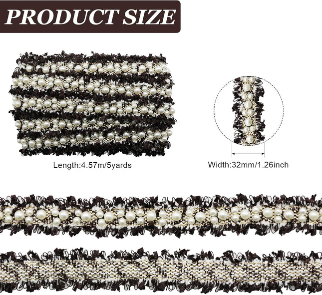 SuperValueChoice HCSEOA00003 Pearl Embellished Fringed Tweed Lace Trim Multicolor Gold Thread Woven Ribbon for Clothing Dress Sewing DIY Craft Decor,1.26in width
