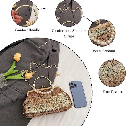 SuperValueChoice HCSEFA00051 Vintage Evening Clutch Bag Sparkly Sequin Handbag for Women Bridal Wedding Purse Elegant Beaded Pearl Shoulder Bag Glitter Crossbody Bag for Cocktail Banquet Prom Party