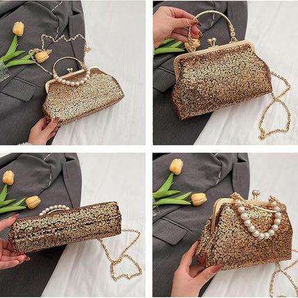 SuperValueChoice HCSEFA00051 Vintage Evening Clutch Bag Sparkly Sequin Handbag for Women Bridal Wedding Purse Elegant Beaded Pearl Shoulder Bag Glitter Crossbody Bag for Cocktail Banquet Prom Party