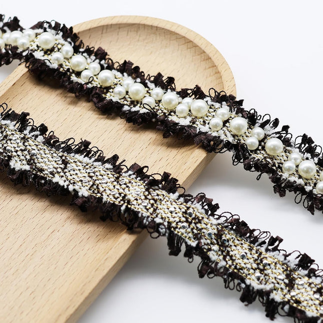 SuperValueChoice HCSEOA00003 Pearl Embellished Fringed Tweed Lace Trim Multicolor Gold Thread Woven Ribbon for Clothing Dress Sewing DIY Craft Decor,1.26in width