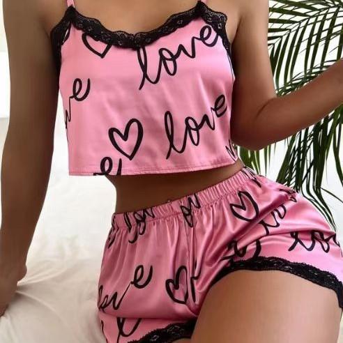 SVCP000125  Summer fashionable home wear, ladies' cute printed pajamas, fashionable lace patchwork halter suit