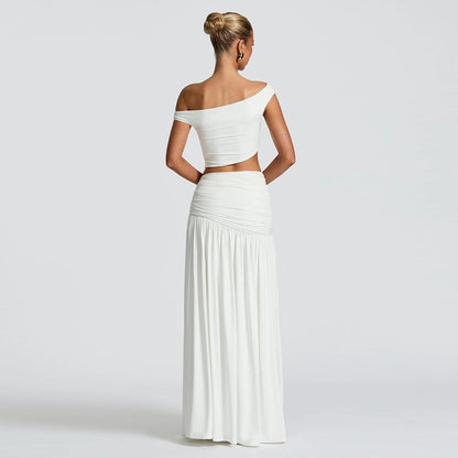 SVCM000047 Women's sexy off-the-shoulder crop top T-shirt, vest, slimming side slit skirt set