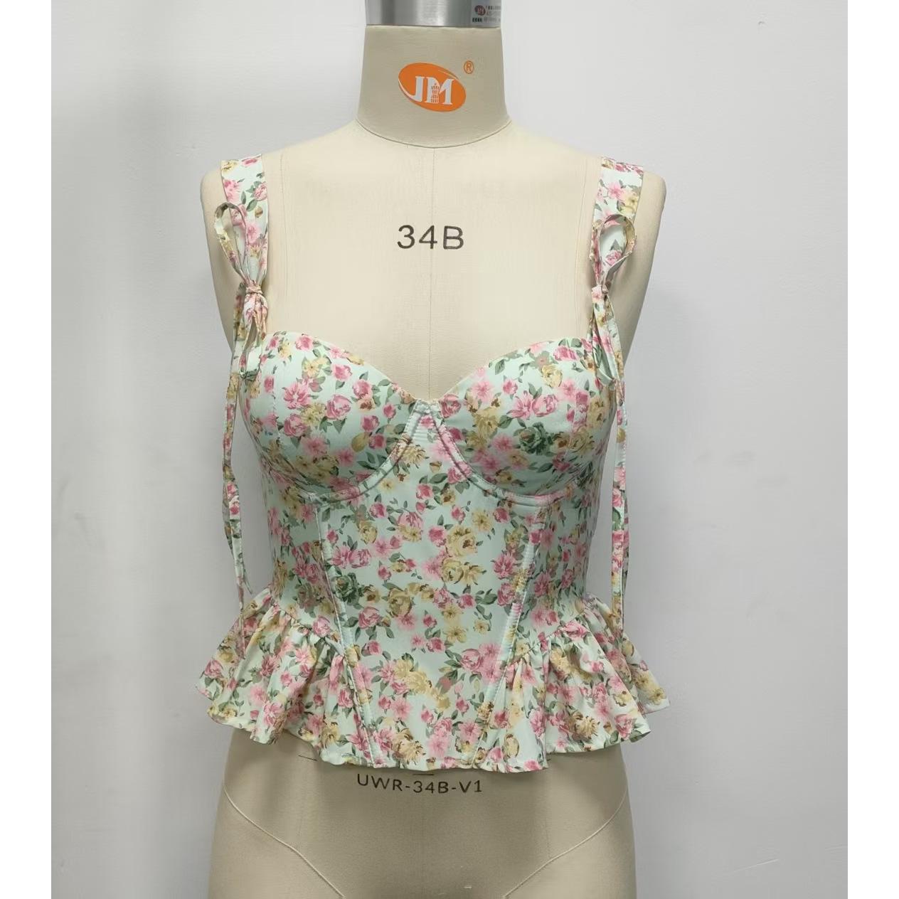 SVCST000017 Adjustable floral lace-up, fishbone corset, cinched waist, ruffled strappy vest