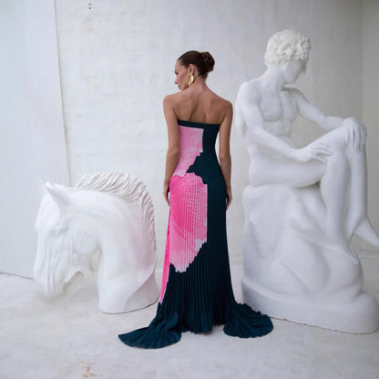 SVCD000009 Summer women's dress with pleated positioning print and a strapless big swing