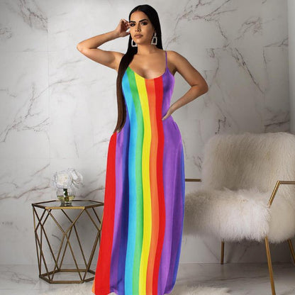 SVCD000036 Casual and fashionable rainbow striped multi-color dress