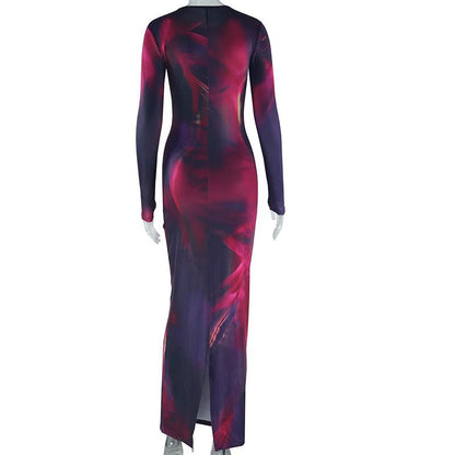 SVCD000009 Women's elegant printed long-sleeved, slim-fitting and sexy one-step dress with a slit and round neck
