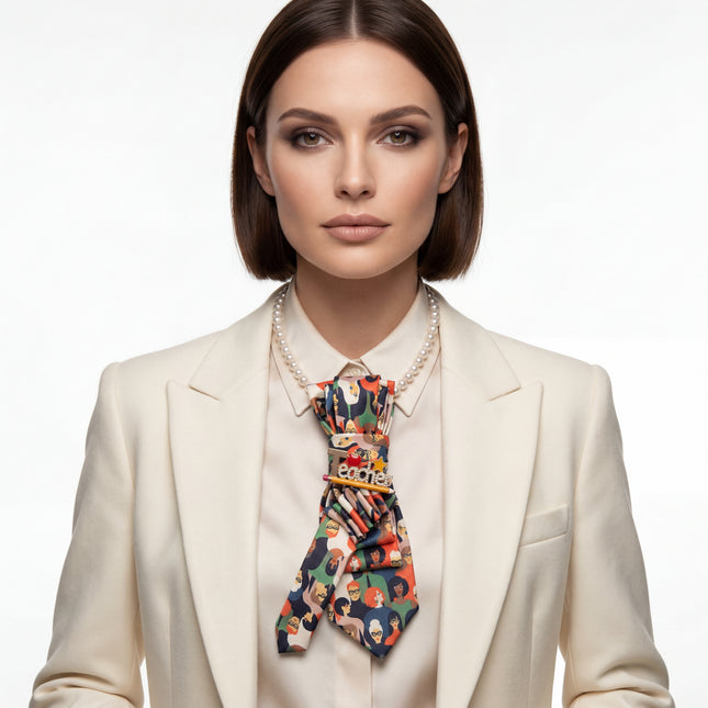 SUPÊR VÃLUE CHOICE #HCSEZ0003 orange Satin Statement Tie with Butterfly Brooch | Pearl Collar Embellished Tie | Elegant Women's Neck Tie Accessory