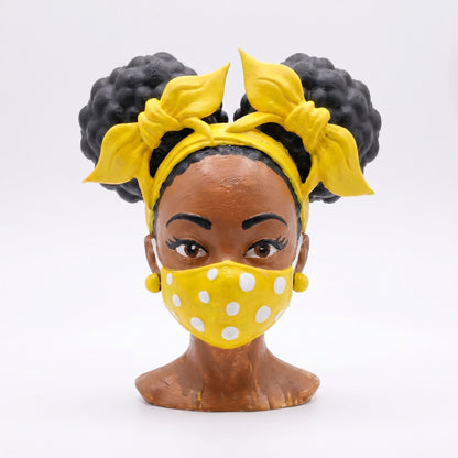 SUPERVALUECHOICE HCSEUA00057  Z-Blank Double Buns Yellow Polka Dot Mask African Girl Resin Blank DIY Paintable Blanks for Brooch Keychain Accessories 2" × 2.7" × 0.5"