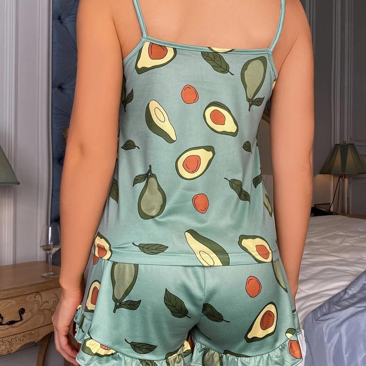 SVCP000113 Women's plus-size pajamas, avocado printed casual halter nightgown, thin home wear set