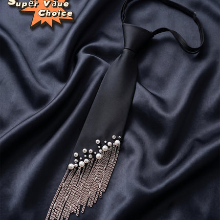 SUPERVALUECHOICE HCSEZC00002 Elegant Black Necktie Adjustable Pre-Tied Silk Necklace with Pearl Rhinestone Tassels for School Wedding Cosplay Party