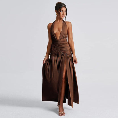 SVCD000032 Sexy V-neck halter dress with a slit pleated backless