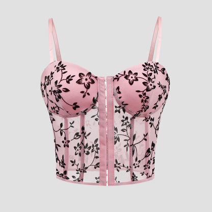 SVCT000088 Sexy corset, velvet lace flower, spicy V-neck fishbone button mini vest