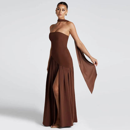 SVCD000037 Sexy and elegant solid-color side-slit strapless dress with a scarf collar