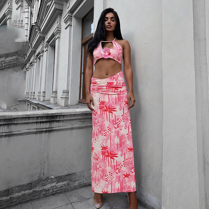 SVCD000043 Women's sexy pearl chain halter top and printed skirt set