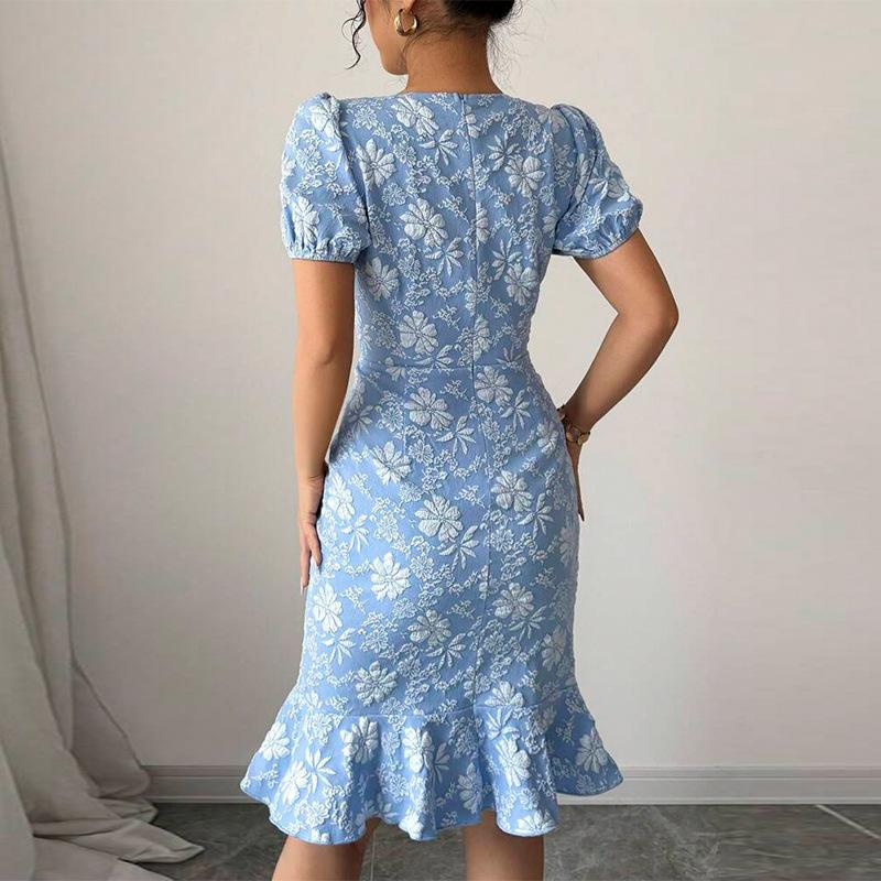 SVCD000020  Summer new Daisy embossed dress, slim fishtail dress, short sleeve