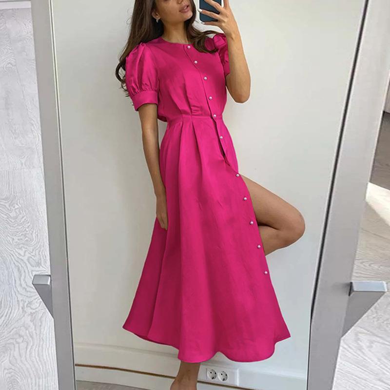 SVCD000023 High-waisted, solid color, fashionable, and slit European and American dress with a feminine style for commuting