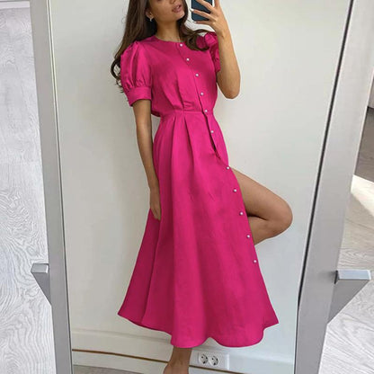SVCD000023 High-waisted, solid color, fashionable, and slit European and American dress with a feminine style for commuting
