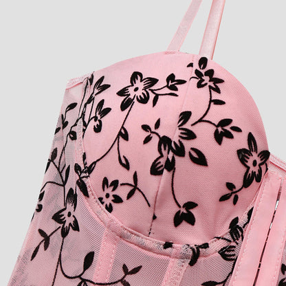 SVCT000088 Sexy corset, velvet lace flower, spicy V-neck fishbone button mini vest