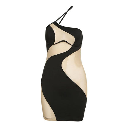 SVCD000115 Women's fashionable off-the-shoulder sexy see-through mesh dress that fits the figure and wraps the buttocks