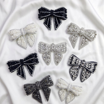 SUPERVALUECHOICE CHRISTMAS HCSEYD00043 Handmade Rhinestone Pearl Bow Applique, Sew On Bow Patch for Christmas Outfit, Formal Dress, Costume & Holiday Garment Embellishment