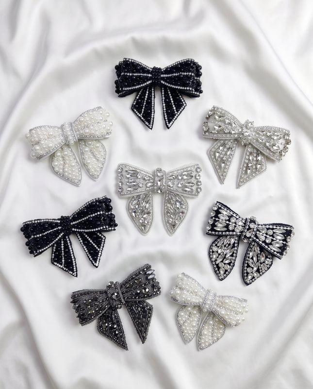 SUPERVALUECHOICE CHRISTMAS HCSEYD00043 Handmade Rhinestone Pearl Bow Applique, Sew On Bow Patch for Christmas Outfit, Formal Dress, Costume & Holiday Garment Embellishment